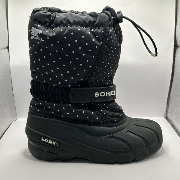Sorel Snow Boots Youth Size 4 Black White Polka Dots Waterproof Insulated - Picture 5 of 16